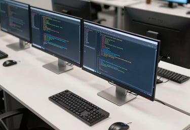 A high-angle shot of a developer's workstation featuring multiple silver monitors with code on screen. The desk is clean and white, set in a North American / US urban office.