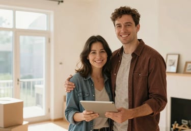 A young couple excitedly receiving keys to their first home in suburban Western Australia.
