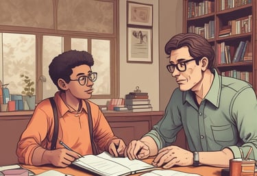 A friendly teacher giving a one-on-one English lesson at home with books and a laptop.