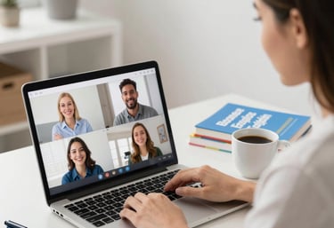 A friendly online language teacher conducting a virtual business English class.