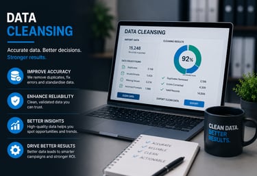 A laptop showing data cleansing software results alongside a checklist for accurate and reliable high-quality data.