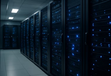 A modern, high-tech server room with soft blue LED indicators, representing advanced technology and AI integration. Clean, sophisticated composition.