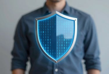 An image representing digital security and quality assurance, featuring a glowing blue shield and binary patterns in #B2D4D8 and #367C89. The lighting is calm and reassuring.