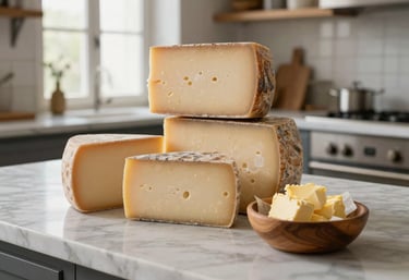 A stack of artisanal Italian cheeses on a marble counter, accompanied by a wooden bowl of fresh butter. Soft natural lighting through a window in a Southern European / Italian kitchen setting.