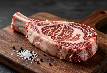 A beautiful shot of a raw, perfectly marbled Ribeye steak on a rustic wooden board, with flakes of sea salt and peppercorns. Dark Cocoa and Warm Terracotta tones. Professional culinary lighting.