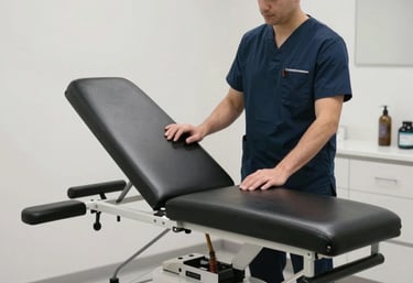 A calm, welcoming chiropractic treatment room with care tools neatly arranged.