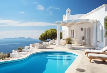 Curved white Mediterranean-style pool with light blue water and smooth white coping