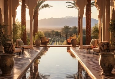 Long reflecting pool with calm mirror water, warm bronze tones, and patterned stone tile surround