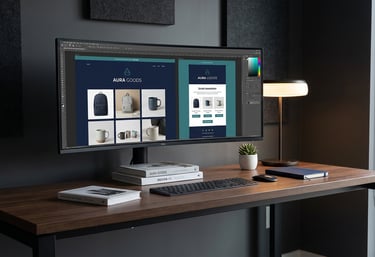 monitor showing e-commerce product page and email design