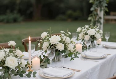 A couple joyfully celebrating their backyard wedding under string lights at dusk.