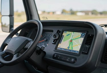 Interior view of a modern tow truck cabin, featuring a high-tech dashboard with GPS and communication radio, reflecting a premium and professional service.
