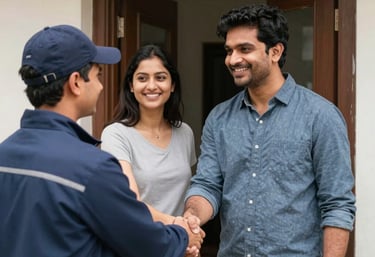 A happy South Asian / Indian couple at the entrance of their new apartment, shaking hands with a delivery person in professional attire.