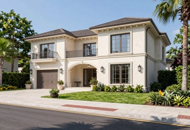 A beautifully constructed modern villa surrounded by lush greenery on a sunny day.