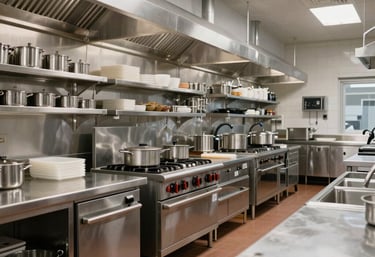 A wide-angle professional photograph of a bright, ultra-organized commercial kitchen facility in North America, with gleaming stainless steel surfaces.