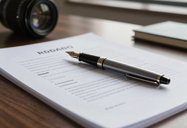 A professional still life of a fountain pen and a legal document on a desk, with soft lighting coming from a nearby window in a Brazilian office. The image conveys focus, detail, and formal procedure.