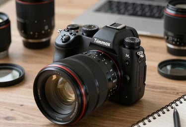 A high-end professional digital camera on a workspace desk surrounded by lens filters and a notebook, reflecting a high-standard tech environment.