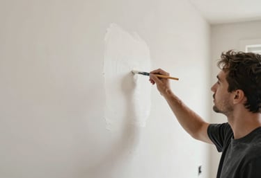 A detailed photograph of a professional painter applying a smooth off-white finish to a modern interior wall in a North American / US residential project, clean edges and sharp focus.