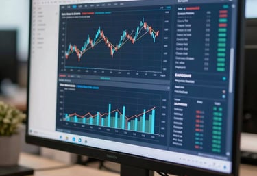 A sharp focus on a high-definition computer screen in a North American office showing modern financial software with professional charts and data visualization in white and navy blue colors.