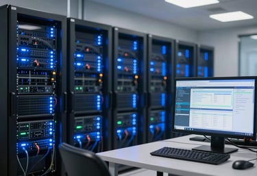 Advanced technology room in an Ecuadorian financial firm, glowing blue servers, blurred lights, and a high-end workstation showing data analysis.