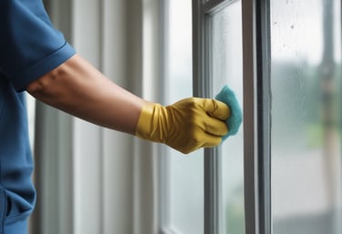A professional cleaner carefully detailing a large window on a sunny Sydney day.