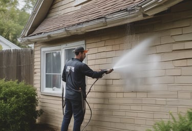 A professional cleaner carefully detailing a large window with a squeegee on a sunny day.