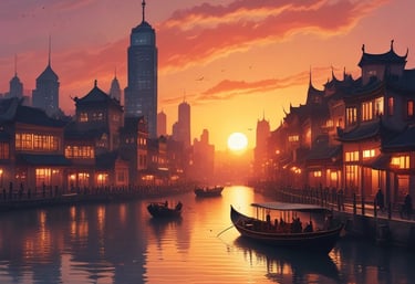 A serene boat gliding through the canals of Zhujiajiao ancient town with traditional houses lining the waterway.