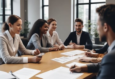 A consultant reviewing contract documents with a client in a modern office.
