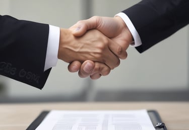 A close-up of hands reviewing a contract with notes and highlights on a wooden desk.