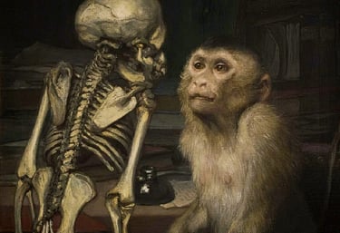 Tableau « Le Singe devant un squelette » de Gabriel von Max, réalisé vers 1840-1915.