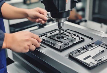 Organized assembly line with workers inspecting finished precision parts.