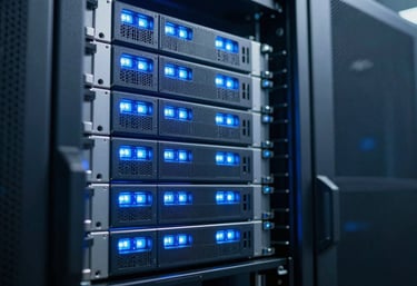 Close-up of a high-tech server room with glowing blue lights. The aesthetic is clean and modern, featuring Steel Blue and Deep Navy tones.