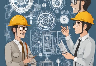 Team collaborating on engineering project plans around a table.