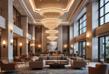 Elegant restaurant interior featuring modern decor and warm tones.