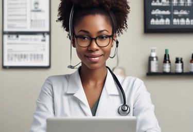 A caring psychiatrist discussing medication plans with a smiling adult patient over a video call.