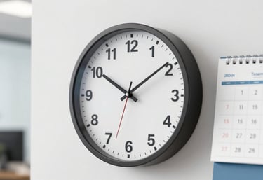 A close-up of a high-tech office clock and a calendar, symbolizing punctuality and reliable service, shot in a modern and clean style with #1E4D48 accents.