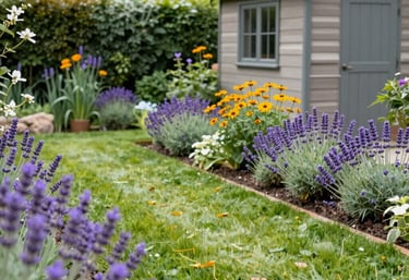 A lush, colorful garden in full bloom with neatly edged lawns and a variety of plants under a bright sky.