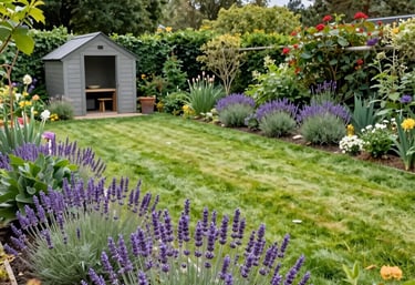 A lush, colorful garden in full bloom with neatly edged lawns and a variety of plants under a bright sky.