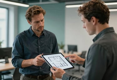 A professional consultation scene: two professionals in business casual attire discussing a floor plan on a tablet in a modern office with muted teal accents. Focus on a collaborative, efficient meeting atmosphere. Zentraleuropäisch / Deutsch professionals.
