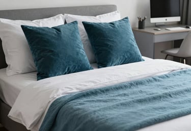 A close-up of a neatly made bed and a workspace in a professional furnished apartment. Dark teal pillows and a light blue throw blanket. High-quality materials, bright and clean. Zentraleuropäisch / Deutsch interior design style.