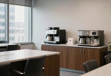 A pristine and organized corporate breakroom in a New York office, featuring clean surfaces and sanitized coffee stations, North American / US style.