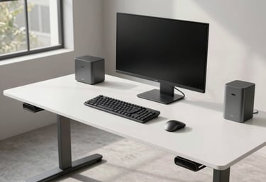 A high-end ergonomic desk setup in a North American loft. The space is filled with natural light, featuring a clean white surface and tech accessories in gray and black.