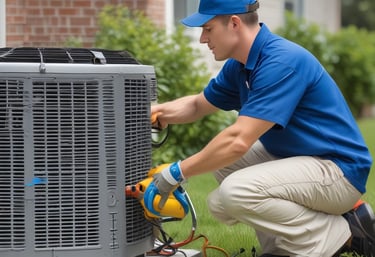 Technician repairing an air conditioning unit on a sunny Dallas rooftop.