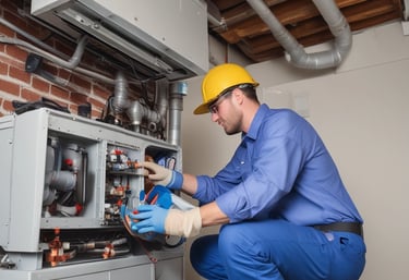 Close-up of a modern furnace installation inside a cozy home.