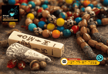 Traditional African spirituality beads and carved divination tools on a rustic wooden background.