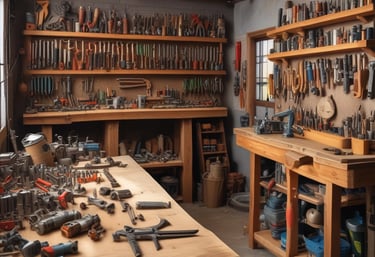 Close-up of a craftsman’s hands carefully sanding a wooden cabinet surface in a softly lit workshop.