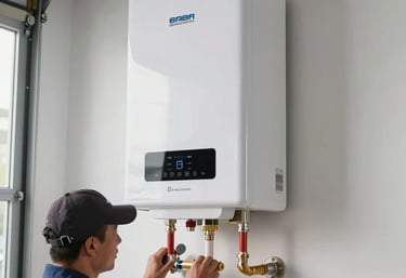 A brand new, high-efficiency water heater unit recently installed in a clean, brightly lit North American / US garage setting, showing professional workmanship.