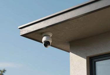 A modern home exterior with a security camera mounted under the eaves, captured under a bright and clear slate blue sky.