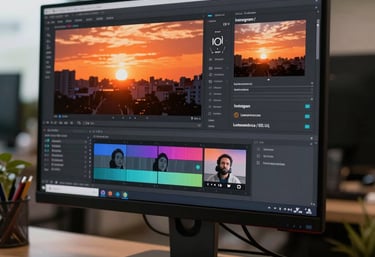 A desktop monitor in a creative office showing an Instagram Reels editing interface with vibrant Sunset Orange colors. Latinoamérica / EE.UU.