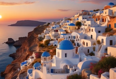 A warm Greek island sunset with soft orange skies over the sea, framed by olive trees and a quiet village.