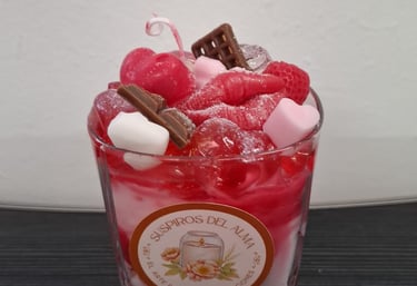 Handmade dessert candle in a glass with red wax fruit, chocolate pieces, and heart toppings.